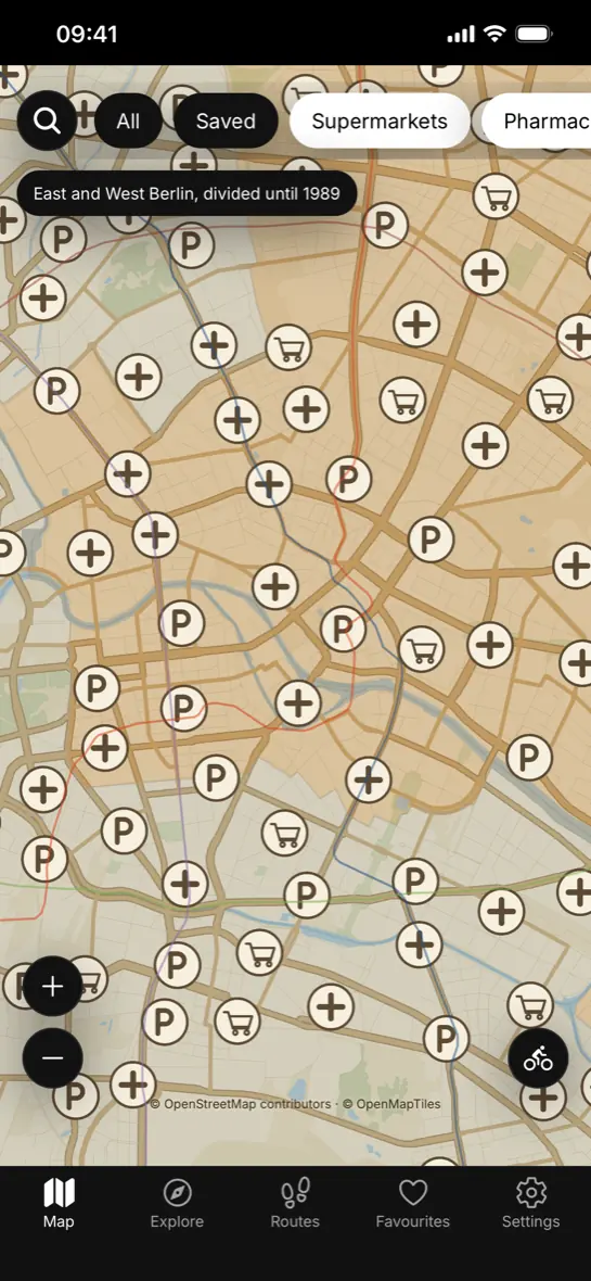 The practical layer: 5,277 shops, pharmacies, cash machines and car parks, off until you ask.