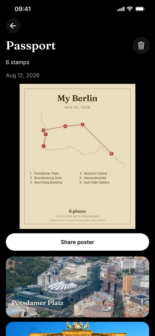 Your passport: The stamps you collected, printed as a poster over the outline of the Wall.